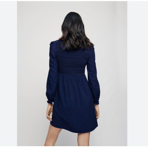 NWT MAJE 2025 RELVINE SMOCKED COLLARED DRESS IN NAVY BLUE - 4 (34) - Picture 2 of 12